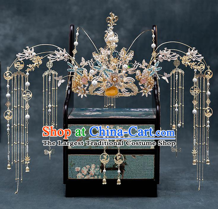 Chinese Handmade Tassel Hair Crown Classical Wedding Hair Accessories Ancient Bride Hairpins Phoenix Coronet Complete Set