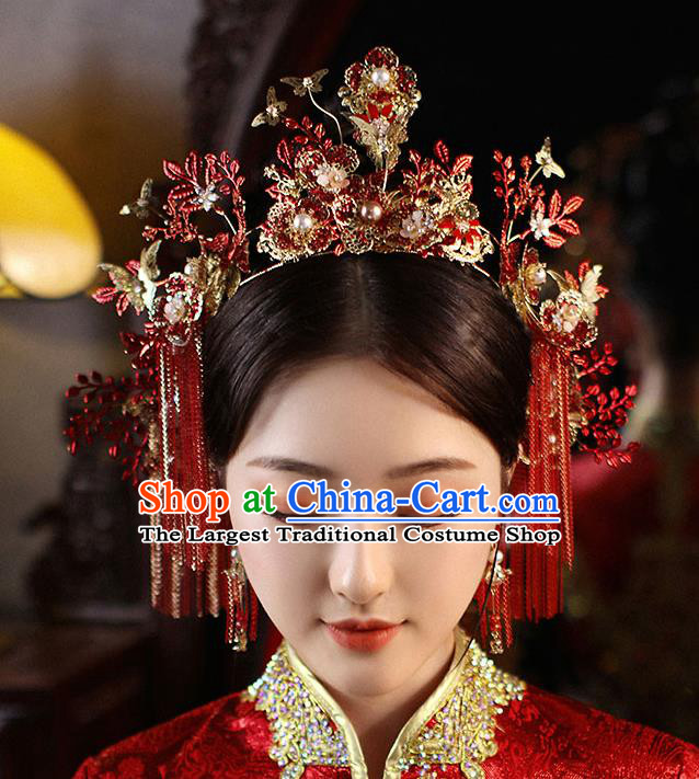 Chinese Handmade Red Tassel Hair Crown Classical Wedding Hair Accessories Ancient Bride Hairpins Complete Set