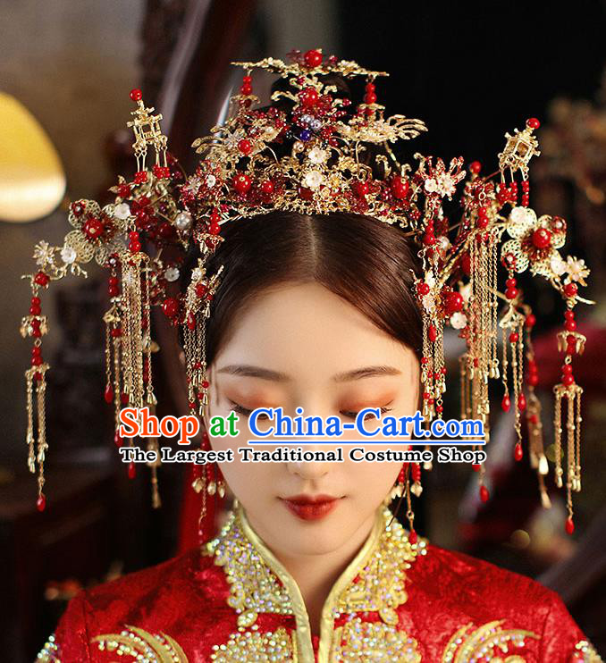 Chinese Handmade Red Beads Hair Crown Classical Wedding Hair Accessories Ancient Bride Phoenix Coronet Hairpins Complete Set