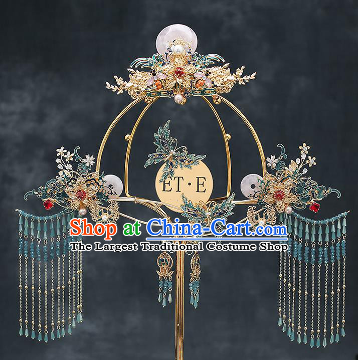 Chinese Handmade Jade Hair Crown Classical Wedding Hair Accessories Ancient Bride Hair Comb Hairpins Complete Set