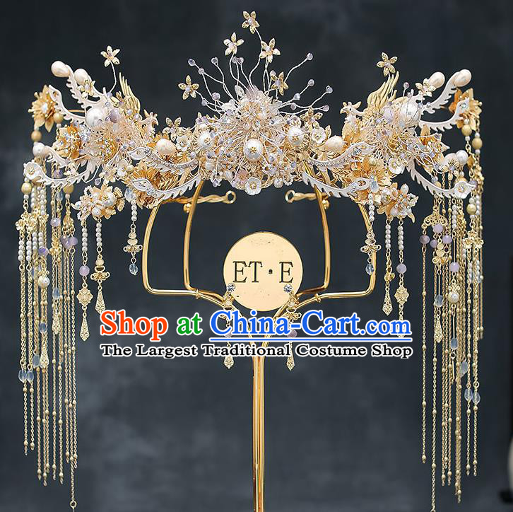 Chinese Handmade Golden Tassel Hair Crown Classical Wedding Hair Accessories Ancient Bride Phoenix Coronet Hairpins Complete Set