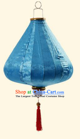 Chinese Traditional Lucky Pattern Blue Silk Palace Lanterns Handmade Hanging Lantern Classical Festive New Year Tulip Lamp