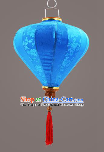 Chinese Traditional Blue Silk Palace Lanterns Handmade Hanging Lantern Classical Festive New Year Diamond Lamp