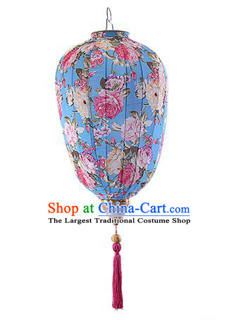 Chinese Traditional Printing Peony Blue Palace Lanterns Handmade Hanging Lantern Classical Festive New Year Lamp