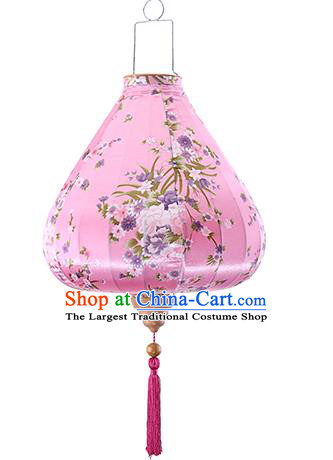 Chinese Traditional Printing Daffodil Pink Palace Lanterns Handmade Hanging Lantern Classical Festive New Year Satin Lamp