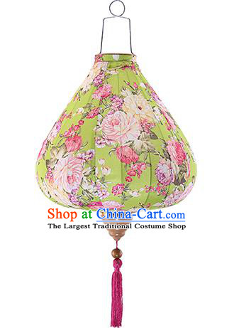 Chinese Traditional Printing Roses Light Green Palace Lanterns Handmade Hanging Lantern Classical Festive New Year Satin Lamp