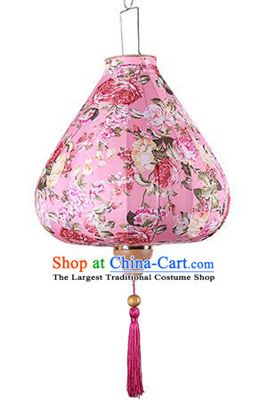 Chinese Traditional Printing Roses Light Pink Palace Lanterns Handmade Hanging Lantern Classical Festive New Year Satin Lamp