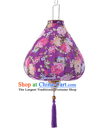 Chinese Traditional Printing Roses Purple Palace Lanterns Handmade Hanging Lantern Classical Festive New Year Satin Lamp