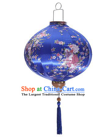 Chinese Handmade Printing Sakura Blue Satin Palace Lanterns Traditional New Year Lantern Classical Mid Autumn Festival Lamp