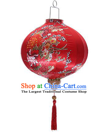 Chinese Handmade Printing Wheel Flowers Red Satin Palace Lanterns Traditional New Year Lantern Classical Mid Autumn Festival Lamp