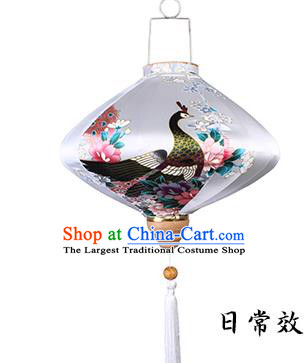 Handmade Chinese Printing Peacock White Palace Lanterns Traditional New Year Lantern Classical Festival Satin Lamp