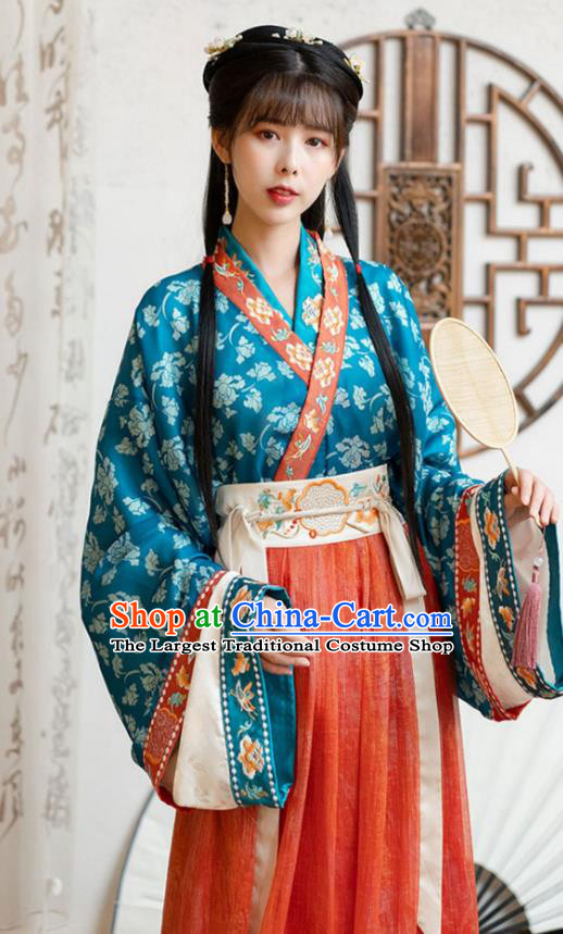 Chinese Ancient Jin Dynasty Palace Princess Historical Costumes Traditional Hanfu Apparels Blue Blouse and Red Skirt