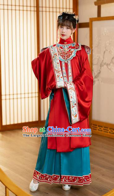 Chinese Ancient Ming Dynasty Nobility Female Historical Costumes Traditional Hanfu Apparels Embroidered Red and Blue Skirt