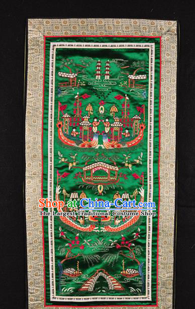 Traditional Chinese Embroidered Dragon Boat Race Decorative Painting Hand Embroidery Green Silk Picture Craft