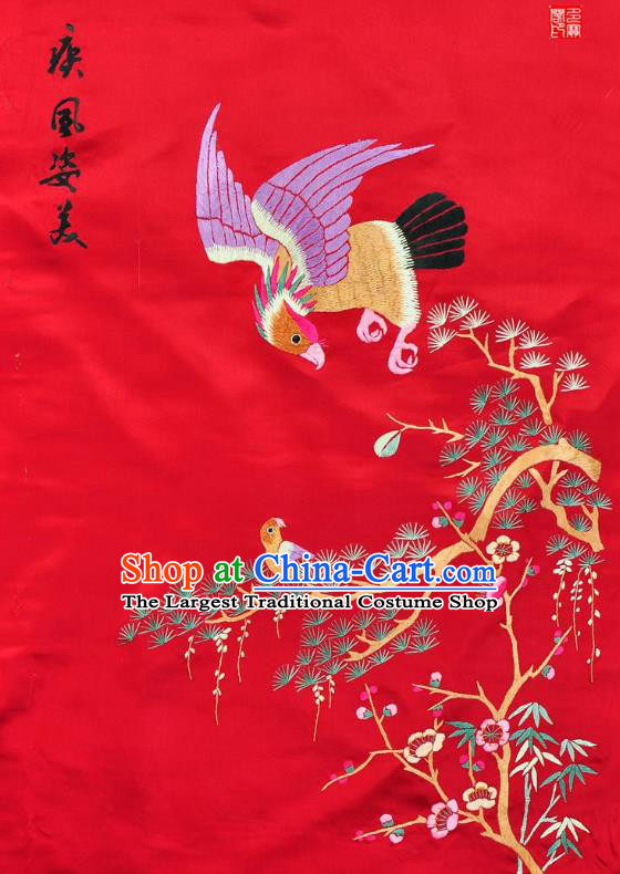 Traditional Chinese Embroidered Pine Eagle Decorative Painting Hand Su Embroidery Red Silk Wall Picture Craft