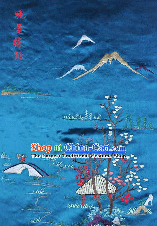 Traditional Chinese Embroidered Landscape Decorative Painting Hand Embroidery Blue Silk Picture Craft