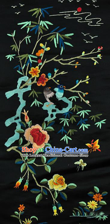 Traditional Chinese Embroidered Plum Peony Decorative Painting Hand Embroidery Birds Black Silk Picture Craft