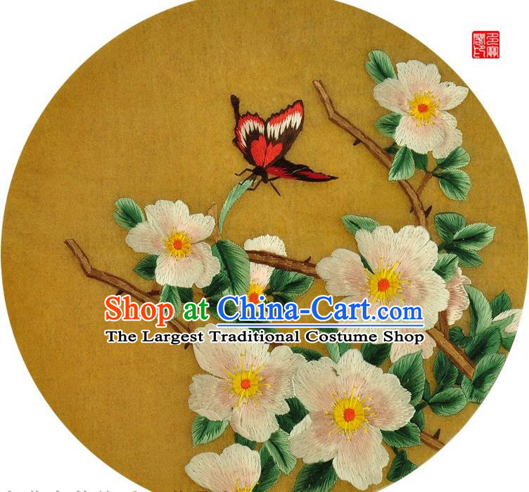 Traditional Chinese Embroidered Peach Blossom Decorative Painting Hand Embroidery Butterfly Silk Round Wall Picture Craft