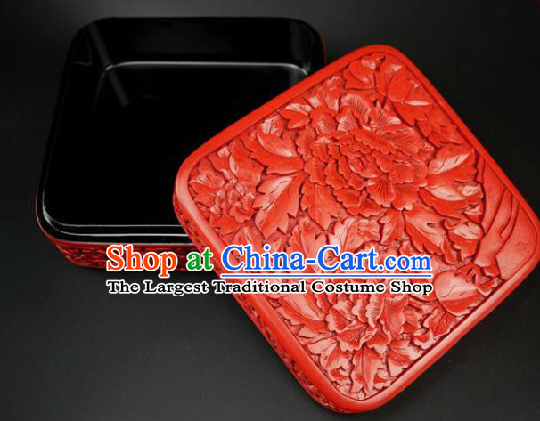 Traditional Chinese Carving Peony Flowers Lacquerware Hand Red Square Rouge Box Craft