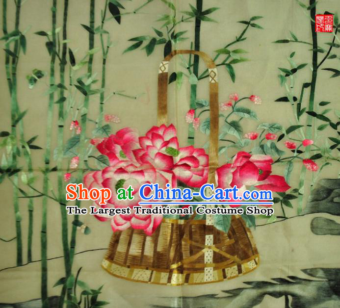 Traditional Chinese Embroidered Pink Lotus Decorative Painting Hand Embroidery Bamboo Silk Wall Picture Craft