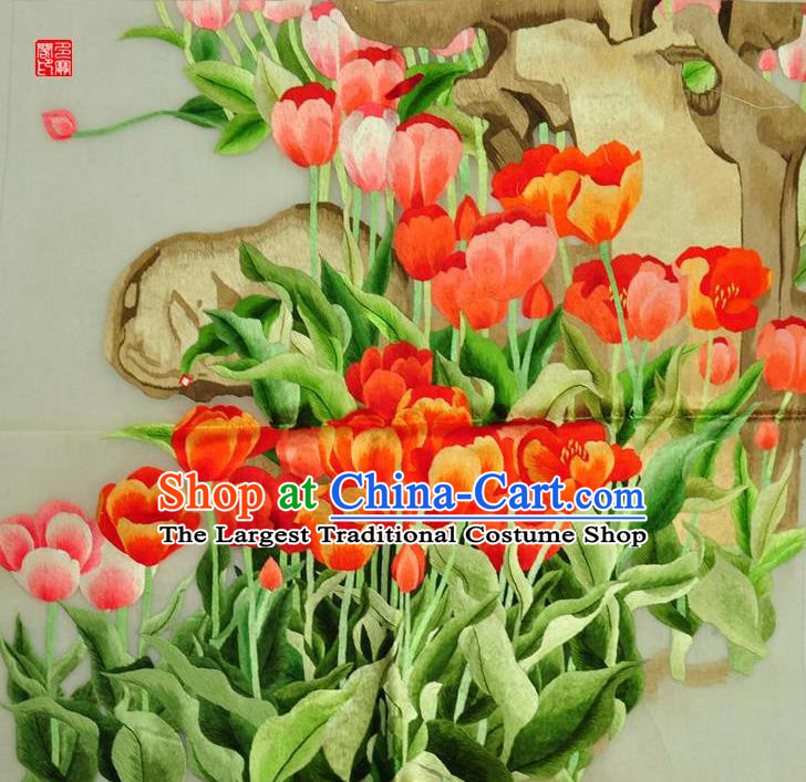 Traditional Chinese Embroidered Flowers Decorative Painting Hand Embroidery Tulip Silk Wall Picture Craft