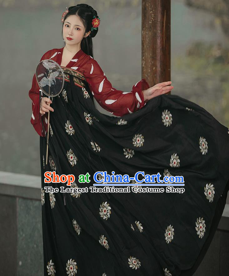 Chinese Traditional Hanfu Red Blouse and Black Dress Ancient Tang Dynasty Princess Garment Costumes Complete Set