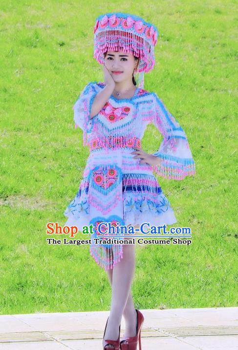 China Yunnan Ethnic Women Short Dress Miao Minority Nationality Costumes Women Folk Dance Apparels with Headpiece