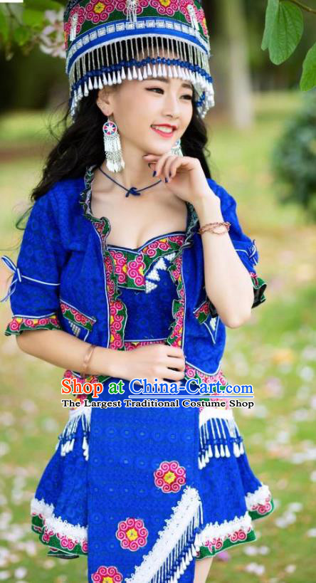 China Ethnic Folk Dance Sexy Short Dress Yunnan Nationality Apparels Miao Minority Women Clothing with Hat