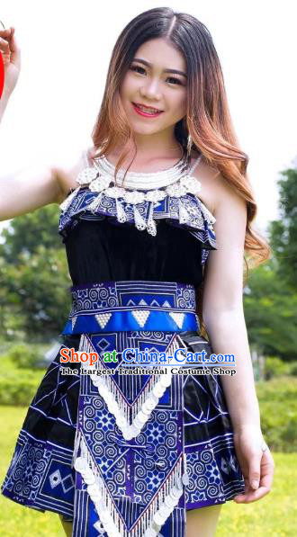 China Minority Sexy Clothing Ethnic Women Navy Short Dress Yao Nationality Folk Dance Apparels