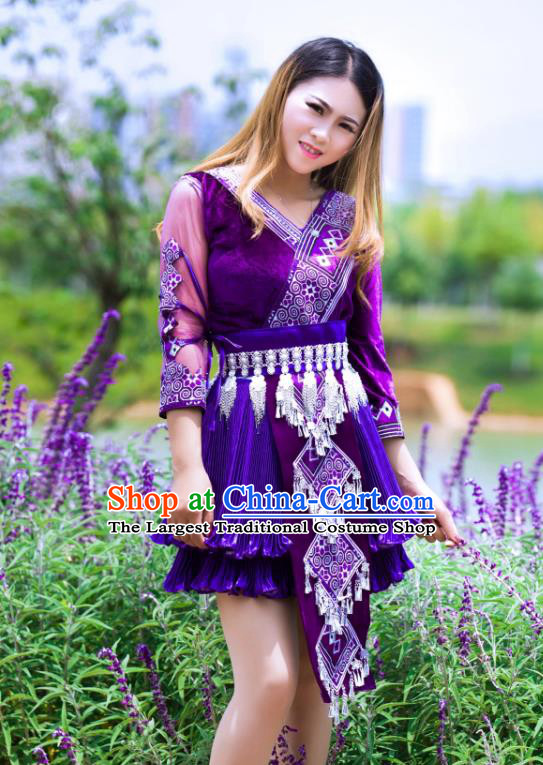 China Miao Minority Folk Dance Clothing Wenshan Ethnic Women Apparels Yunnan Nationality Purple Blouse and Short Skirt with Hat