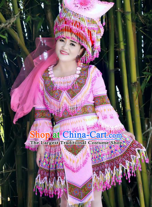 Hunan Xiangxi Yao Ethnic Dance Apparels China Nationality Wedding Clothing Minority Bride Pink Blouse and Short Skirt with Headdress