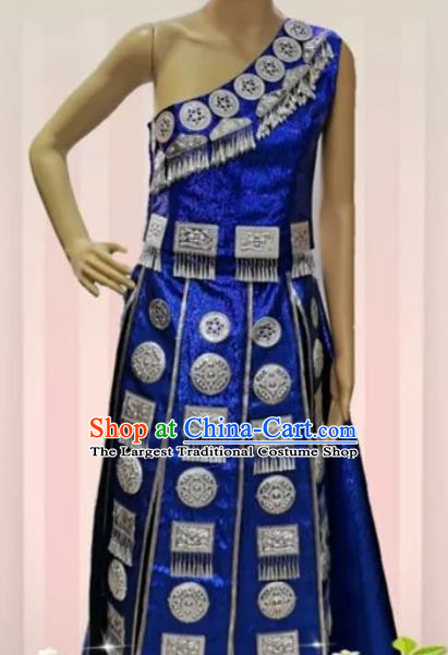 China Tujia Minority Ethnic Celebration Clothing Hmong Embroidered Royalblue Blouse and Skirt Traditional Festival Apparels