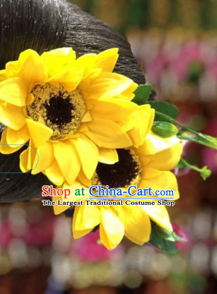 China Minority Nationality Women Headwear Miao Ethnic Bride Hair Accessories Handmade Yellow Sunflowers Hair Stick