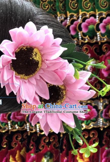 China Miao Minority Nationality Women Headwear Handmade Pink Sunflowers Hair Stick Ethnic Wedding Hair Accessories