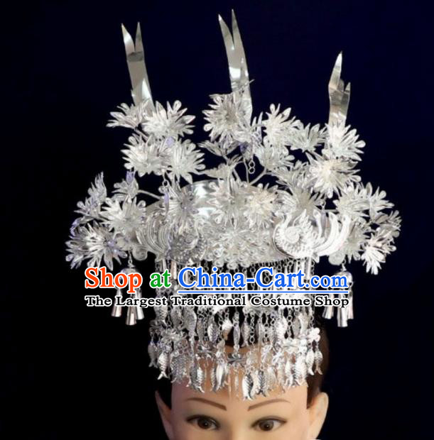 China Miao Nationality Stage Performance Hair Accessories Handmade Ethnic Minority Jewelry Bride Silver Phoenix Coronet