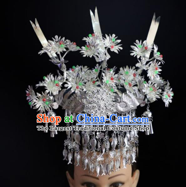 China Miao Nationality Colorful Beads Phoenix Coronet Hair Accessories Handmade Ethnic Minority Jewelry Bride Silver Fish Tassel Headwear