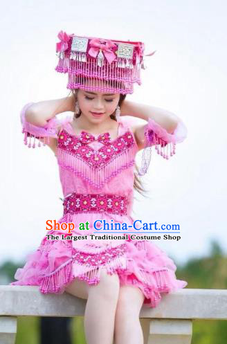 Top Grade Stage Performance Clothing Ethnic Folk Dance Apparels China Miao Minority Women Pink Costume with Rosy Beads Tassel Headwear