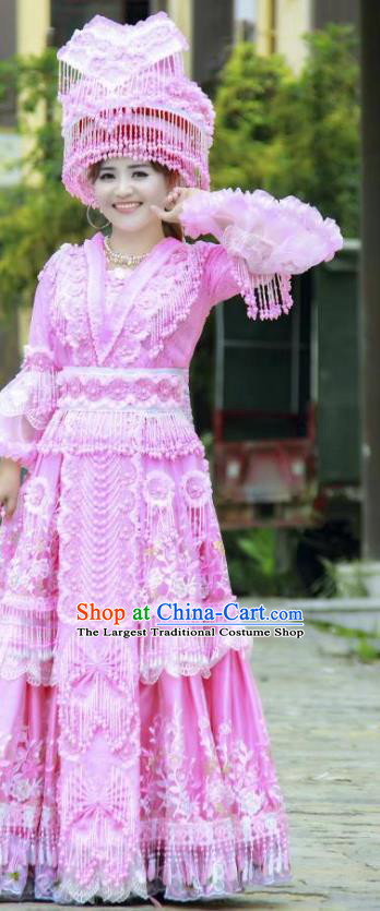 Miao Minority Bride Pink Dress China Traditional Ethnic Clothing Women Folk Dance Apparels with Headwear