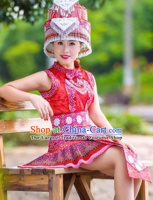 Guizhou Yao Minority Folk Dance Red Short Dress China Traditional Ethnic Women Clothing with Hat