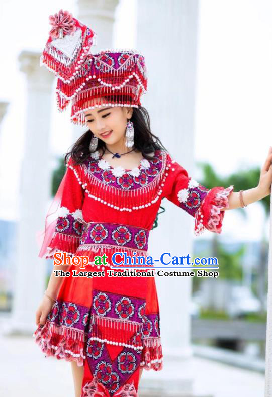 China Ethnic Beauty Clothing Miao Minority Traditional Festival Folk Dance Costume Bride Red Dress and Headwear