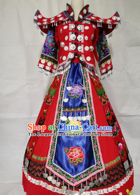 China Miao Ethnic Wedding Apparels Miao Nationality Clothing Yunnan Hmong Minority Embroidered Red Dress