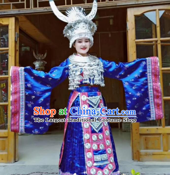 China Miao Ethnic Celebration Apparels Hmong Minority Wedding Embroidered Royalblue Dress Miao Nationality Bride Clothing and Headpieces