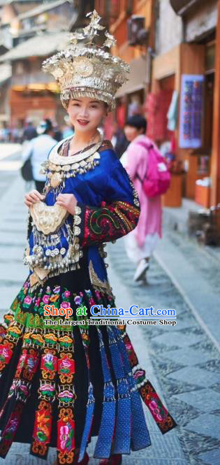 China Leishan Miao Ethnic Bride Clothing Traditional Guizhou Nationality Minority Festival Embroidered Blue Blouse and Skirt with Headdress