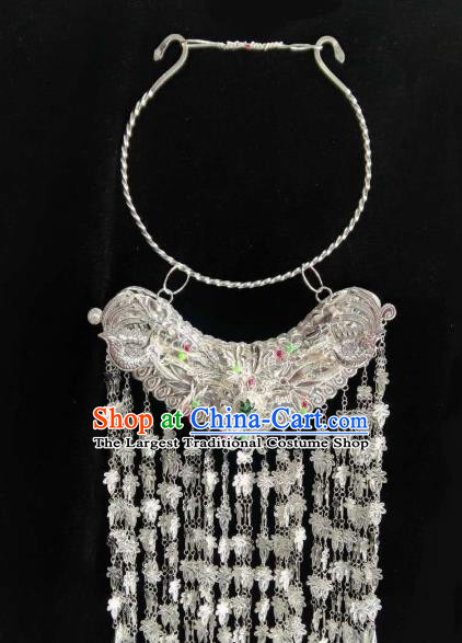 China Handmade Long Tassel Longevity Lock Miao Ethnic Accessories Hmong Minority Bride Argent Jewelry