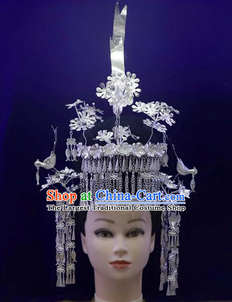 Chinese Miao Ethnic Stage Performance Headwear Quality Minority Nationality Bride Argent Phoenix Coronet Hair Crown Hairpins Full Set