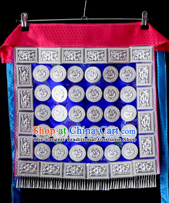 China Traditional Minority Folk Dance Royalblue Silk Apron Dong Nationality Dress Silver Waist Accessories