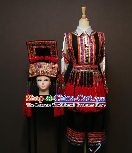 China Traditional She Nationality Costumes Ethnic Folk Dance Clothing Xiangxi Yi Minority Women Top and Skirt with Hat