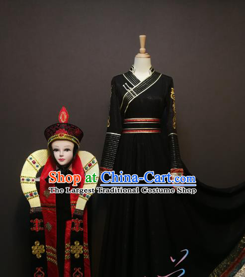 China Traditional Ethnic Saurden Dance Clothing Mongol Nationality Black Dress Mongolian Minority Women Costumes and Hat