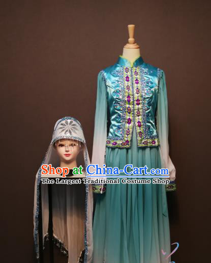 China Traditional Hui Ethnic Folk Dance Clothing Minority Women Costumes Ningxia Nationality Embroidered Blue Jacket with Dress and Headwear