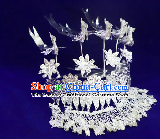 Chinese Miao Ethnic Women Hair Accessories Guizhou Miao Nationality Silver Five Birds Hair Crown Tassel Hairpins